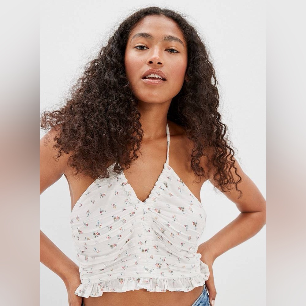 Nwt American‎ Eagle Outfitters Floral White Crop Top smocked halter